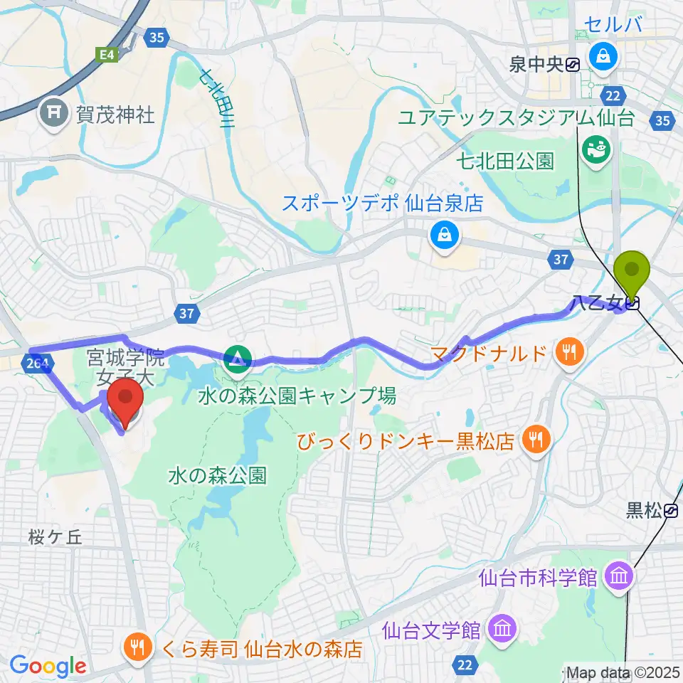 八乙女駅から宮城学院女子大学音楽科へのルートマップ地図