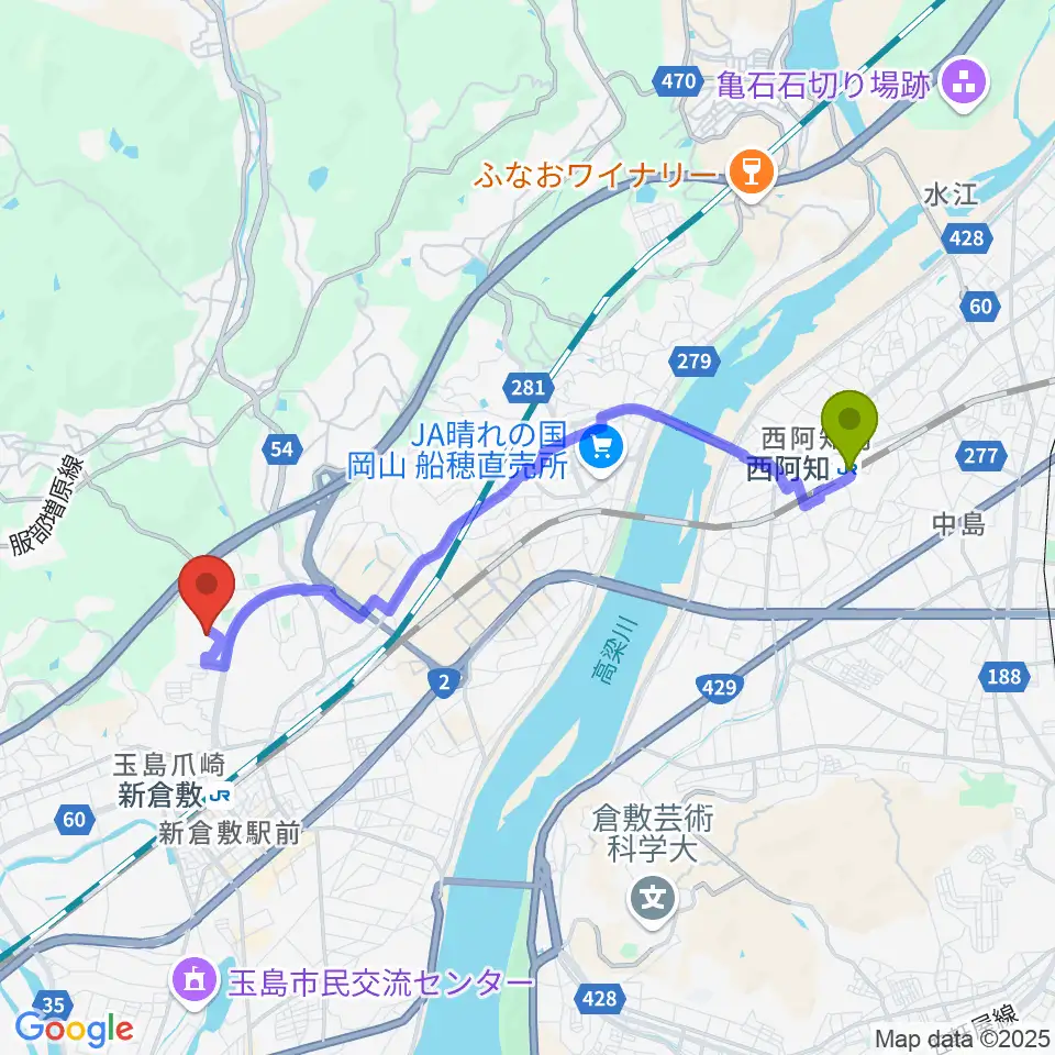 西阿知駅からくらしき作陽大学 音楽学部へのルートマップ地図
