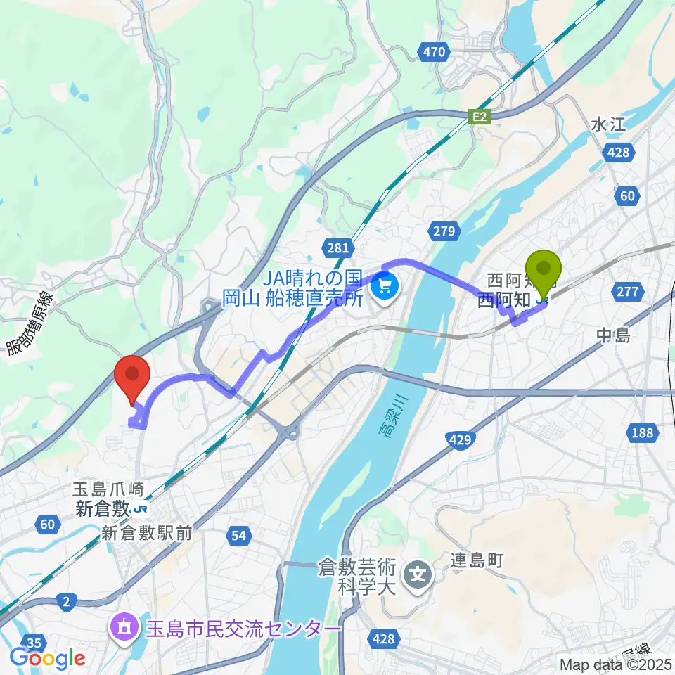 西阿知駅からくらしき作陽大学 音楽学部へのルートマップ地図