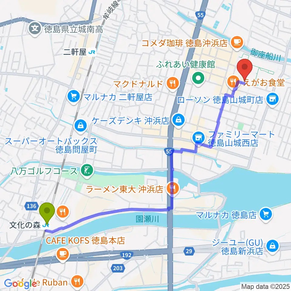文化の森駅から徳島文理大学音楽学部へのルートマップ地図