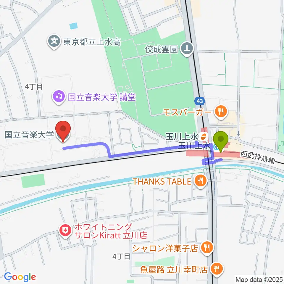 国立音楽大学の最寄駅玉川上水駅からの徒歩ルート（約9分）地図