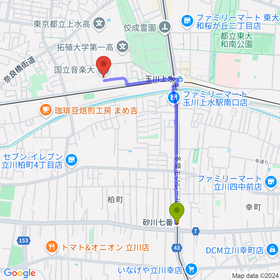 砂川七番駅から国立音楽大学へのルートマップ地図