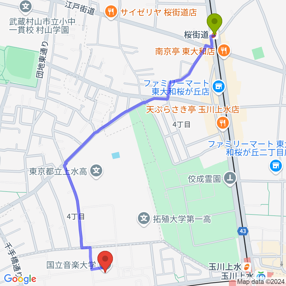 桜街道駅から国立音楽大学へのルートマップ地図