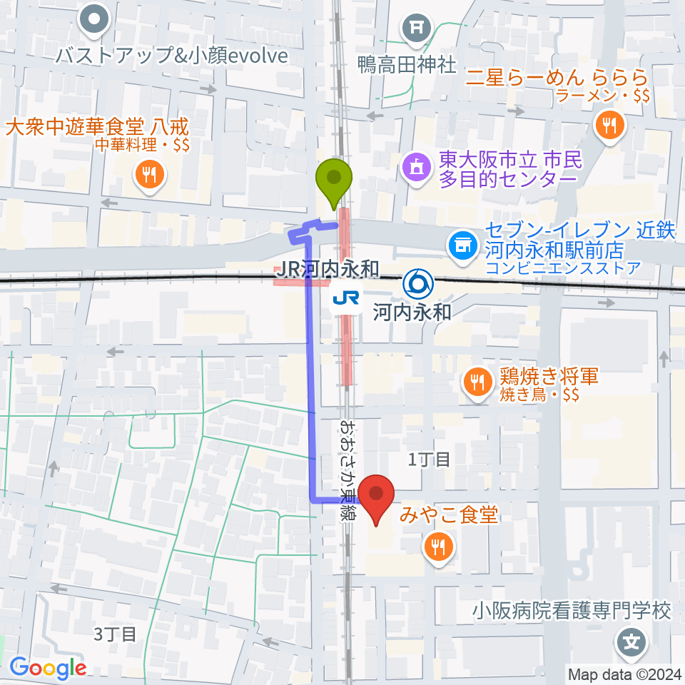 アトリエ遊の最寄駅ＪＲ河内永和駅からの徒歩ルート（約4分）地図