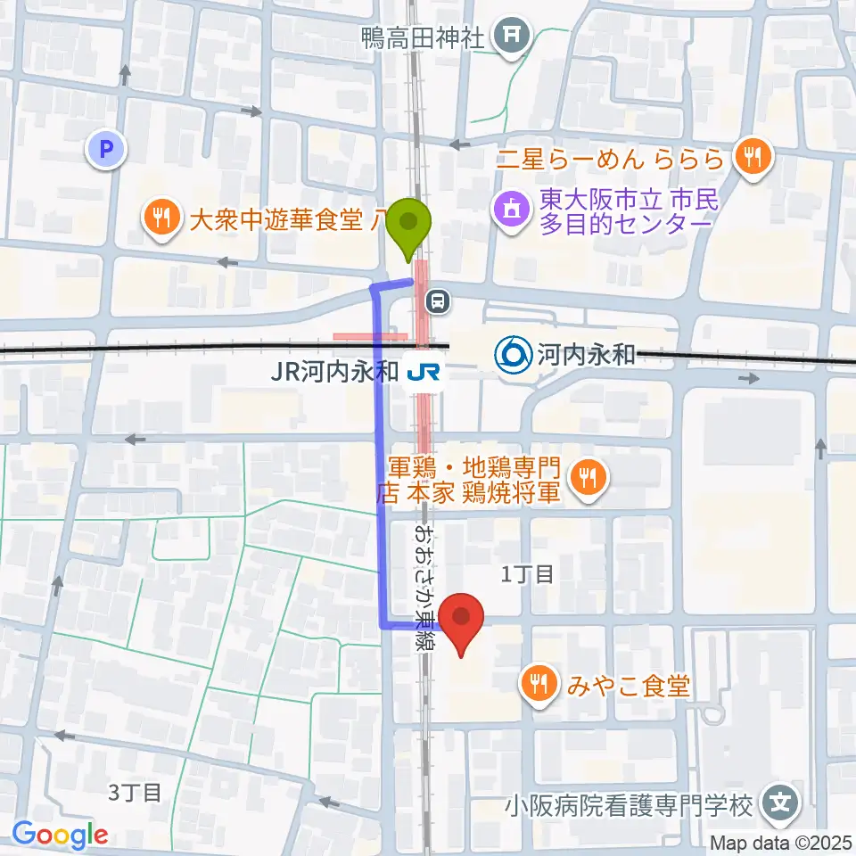 アトリエ遊の最寄駅ＪＲ河内永和駅からの徒歩ルート（約4分）地図