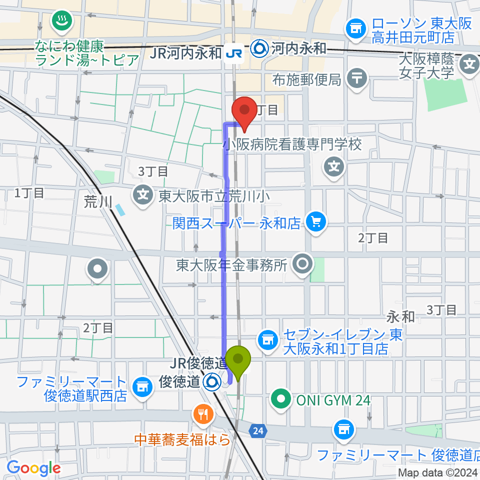 ＪＲ俊徳道駅からアトリエ遊へのルートマップ地図