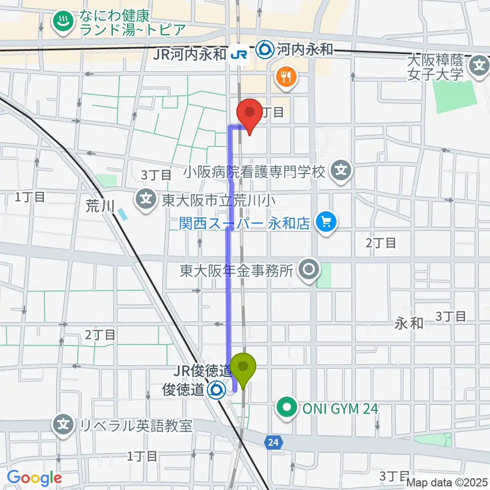 ＪＲ俊徳道駅からアトリエ遊へのルートマップ地図