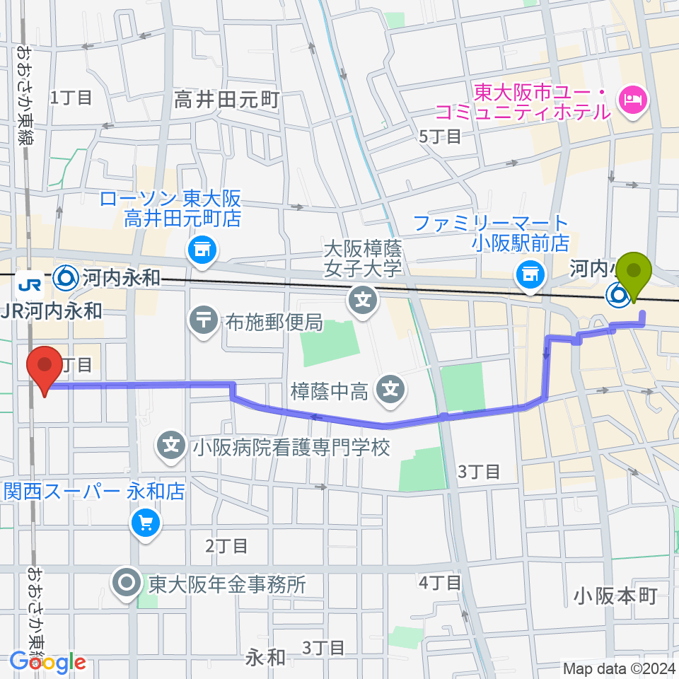 河内小阪駅からアトリエ遊へのルートマップ地図