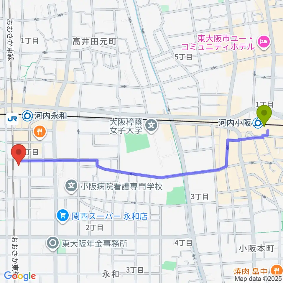 河内小阪駅からアトリエ遊へのルートマップ地図