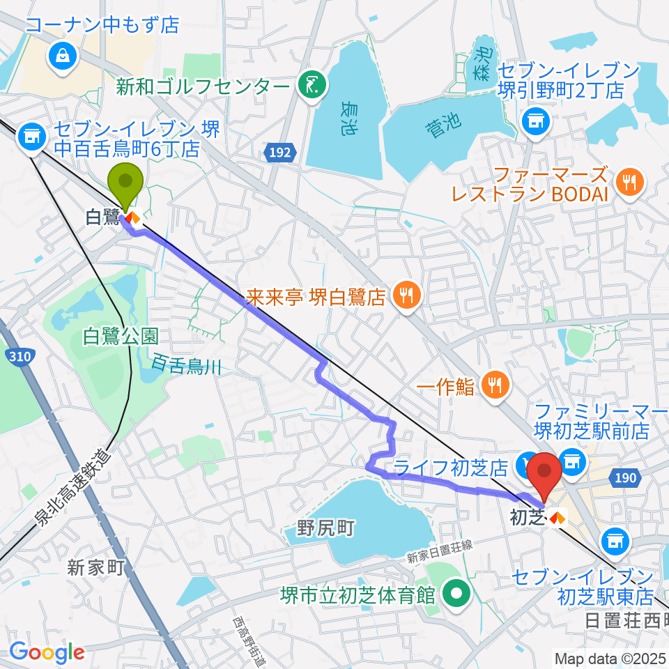 白鷺駅からサカグチ音楽センターへのルートマップ地図