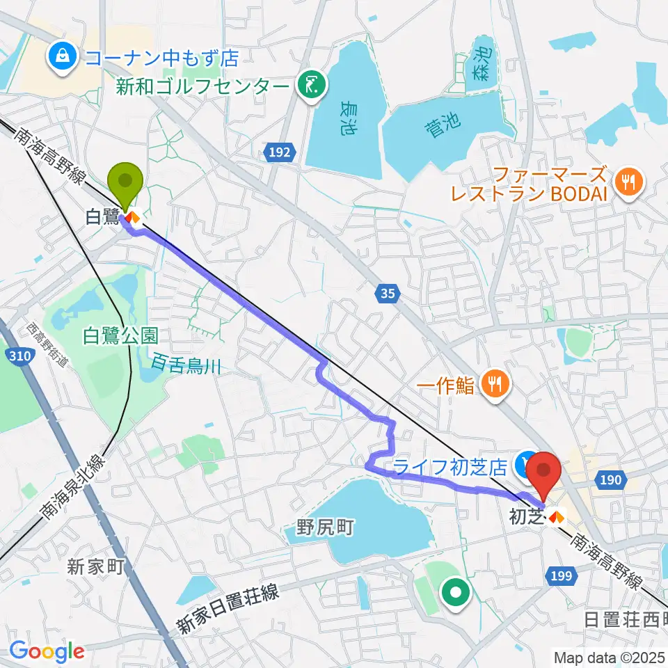 白鷺駅からサカグチ音楽センターへのルートマップ地図