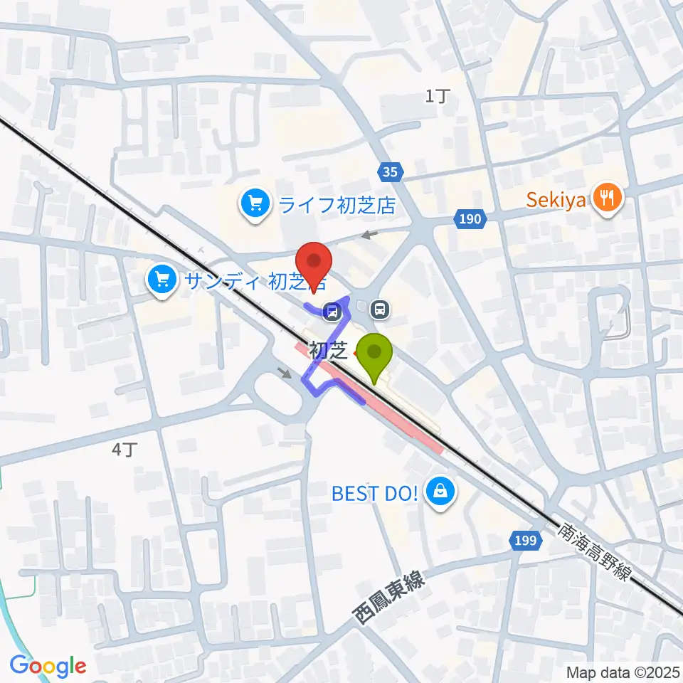 サカグチ音楽センターの最寄駅初芝駅からの徒歩ルート（約1分）地図