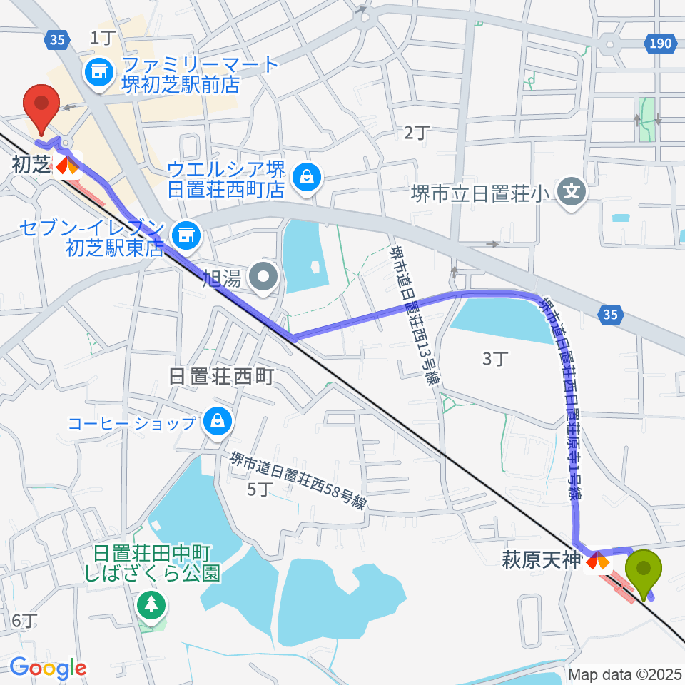 萩原天神駅からサカグチ音楽センターへのルートマップ地図