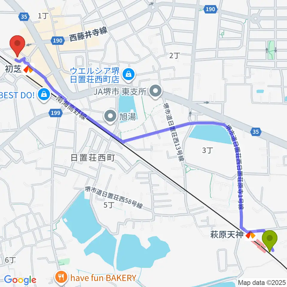 萩原天神駅からサカグチ音楽センターへのルートマップ地図