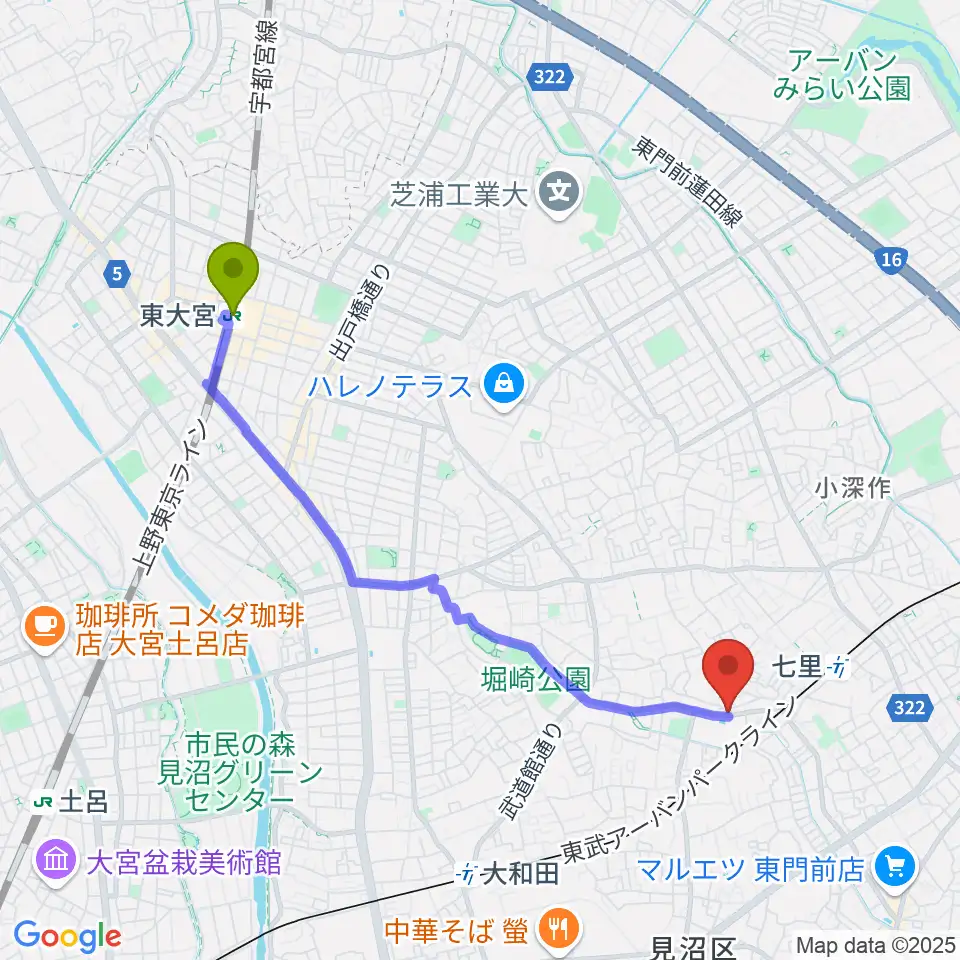東大宮駅から塚本音楽学院へのルートマップ地図