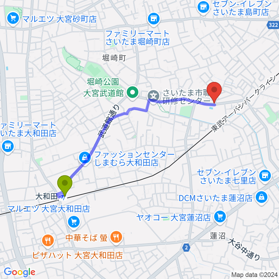 大和田駅から塚本音楽学院へのルートマップ地図