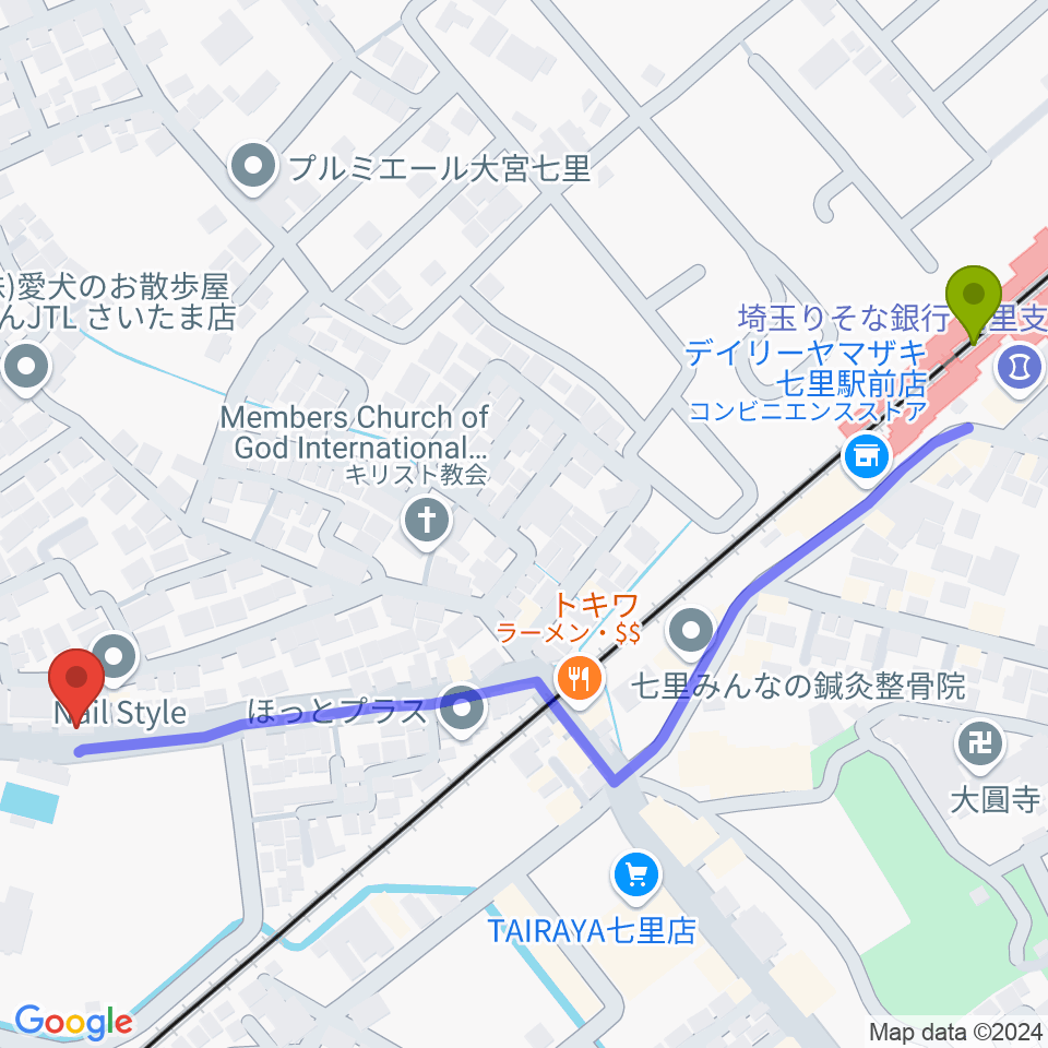 塚本音楽学院の最寄駅七里駅からの徒歩ルート（約7分）地図