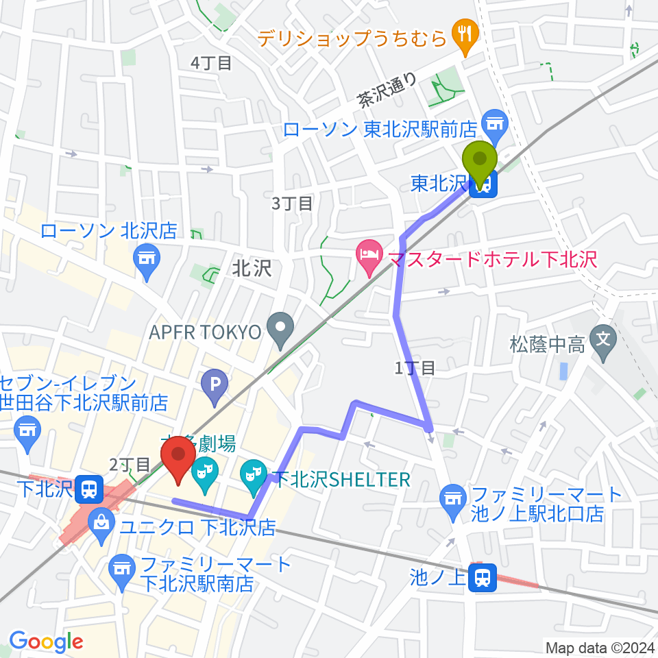 東北沢駅から長唄 杵徳会 下北沢教室へのルートマップ地図