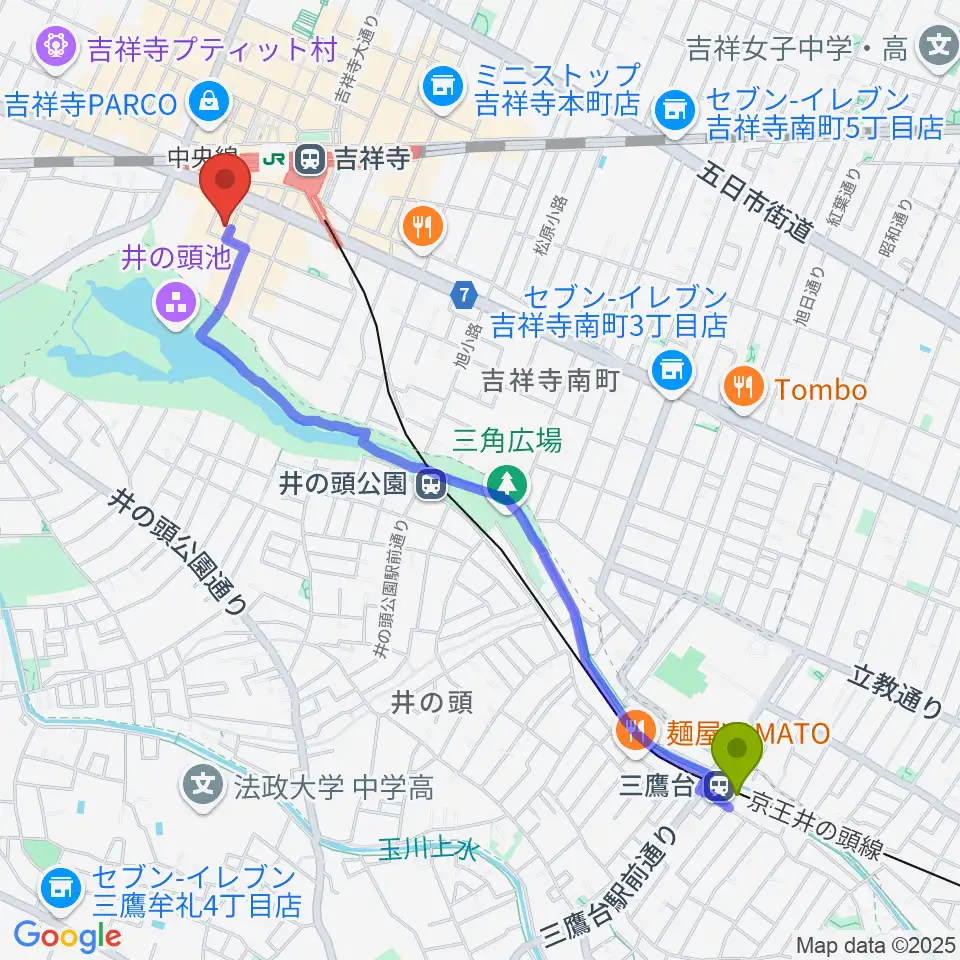 三鷹台駅から長唄 杵徳会 吉祥寺教室へのルートマップ地図