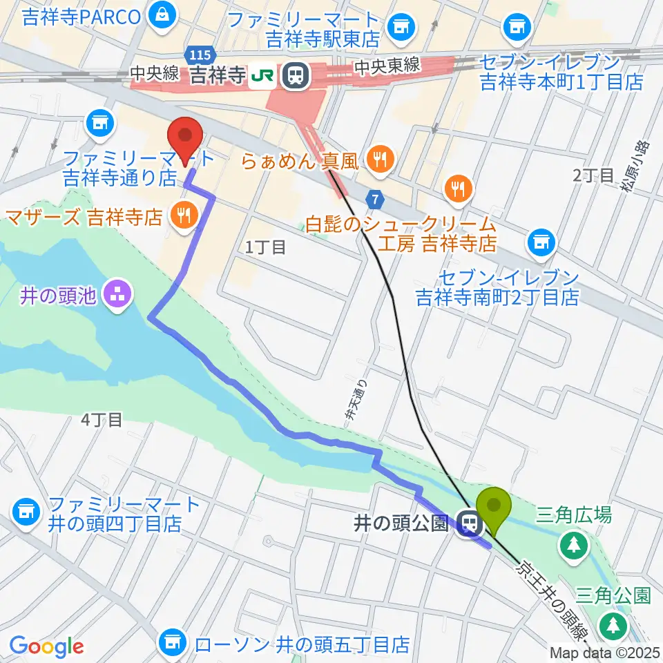 井の頭公園駅から長唄 杵徳会 吉祥寺教室へのルートマップ地図