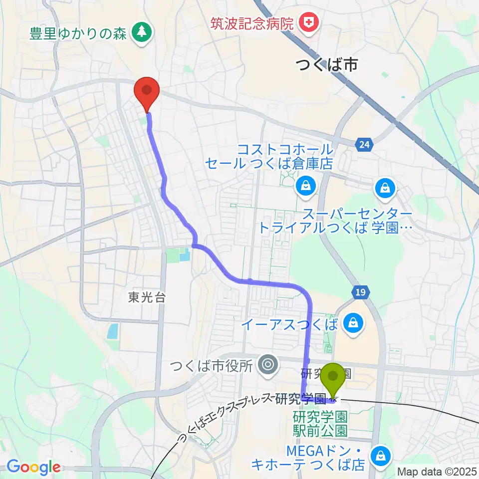 バッハの森の最寄駅研究学園駅からの徒歩ルート（約44分）地図