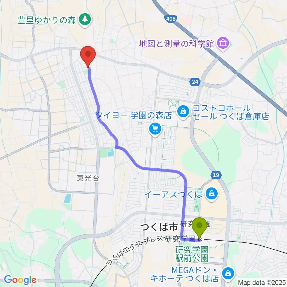 バッハの森の最寄駅研究学園駅からの徒歩ルート（約44分）地図