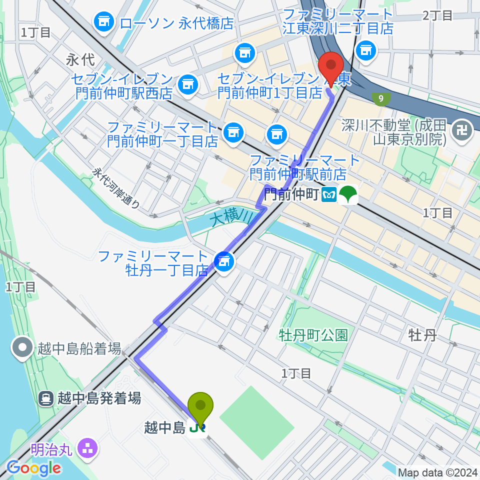 越中島駅からPAN VILLAGEへのルートマップ地図