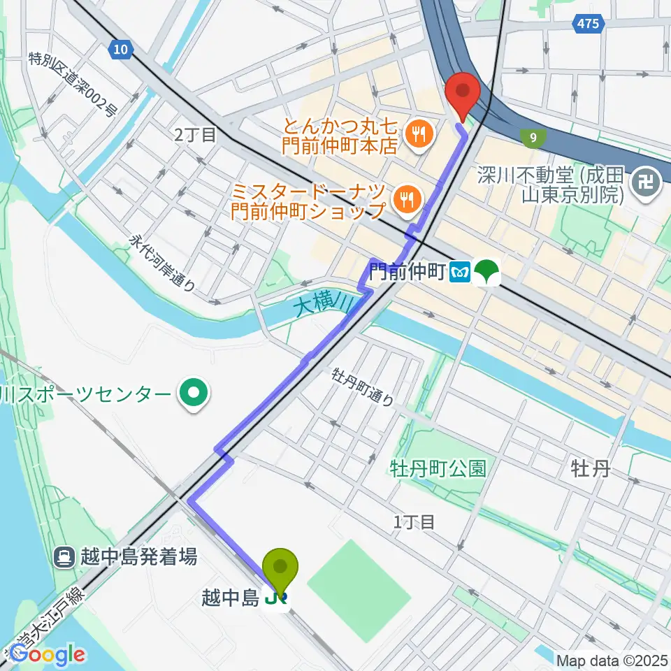 越中島駅からPAN VILLAGEへのルートマップ地図
