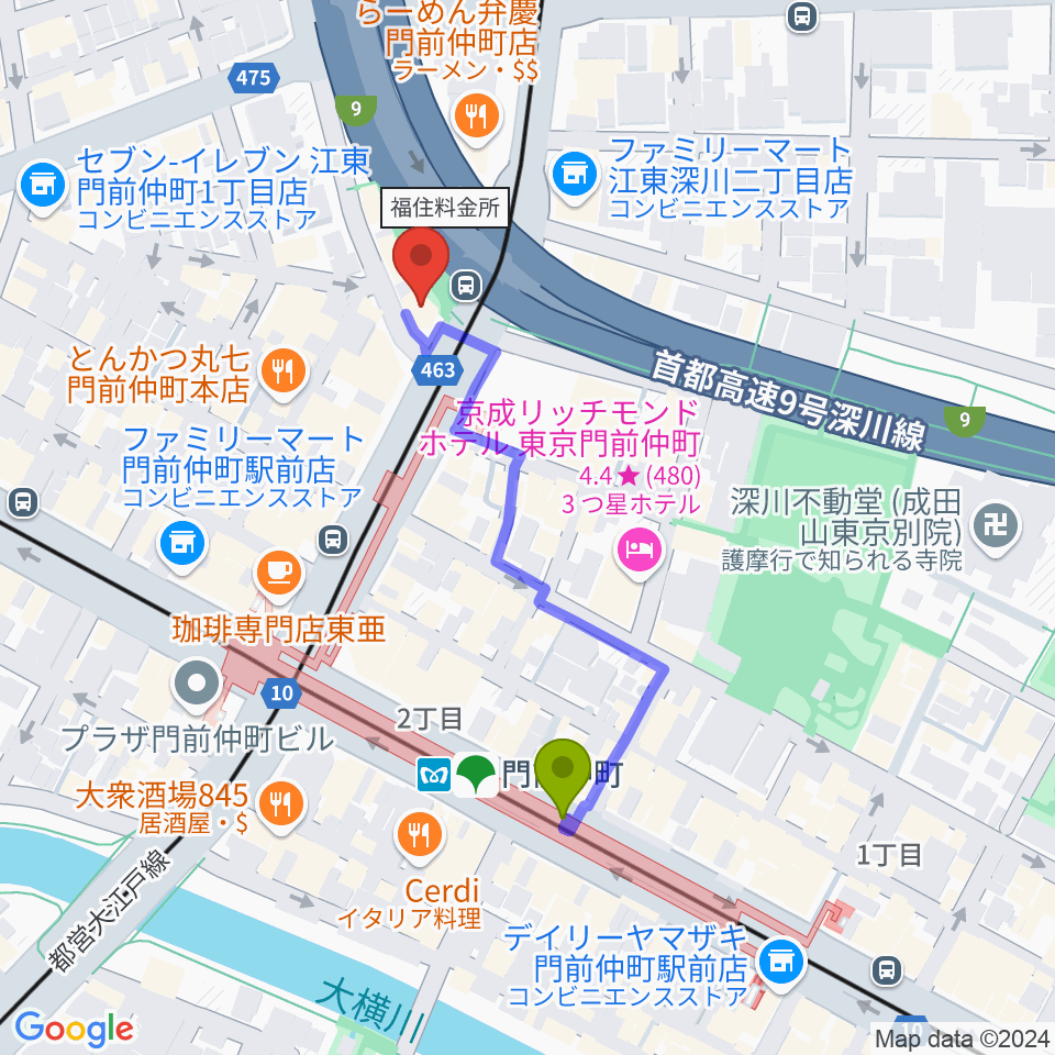 PAN VILLAGEの最寄駅門前仲町駅からの徒歩ルート（約4分）地図