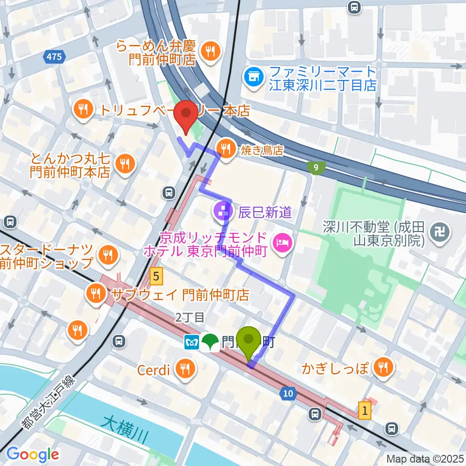 PAN VILLAGEの最寄駅門前仲町駅からの徒歩ルート（約4分）地図