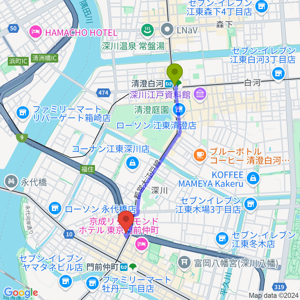 清澄白河駅からPAN VILLAGEへのルートマップ地図