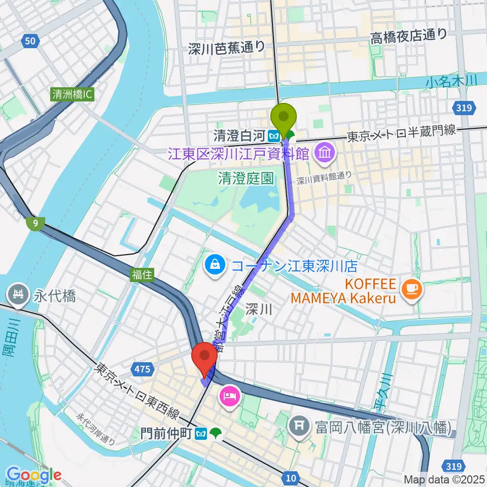 清澄白河駅からPAN VILLAGEへのルートマップ地図