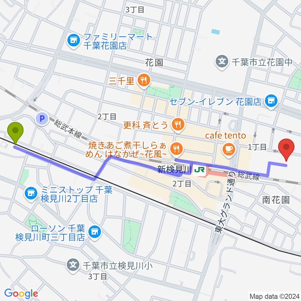 検見川駅からベル･ミュージック･ラボへのルートマップ地図