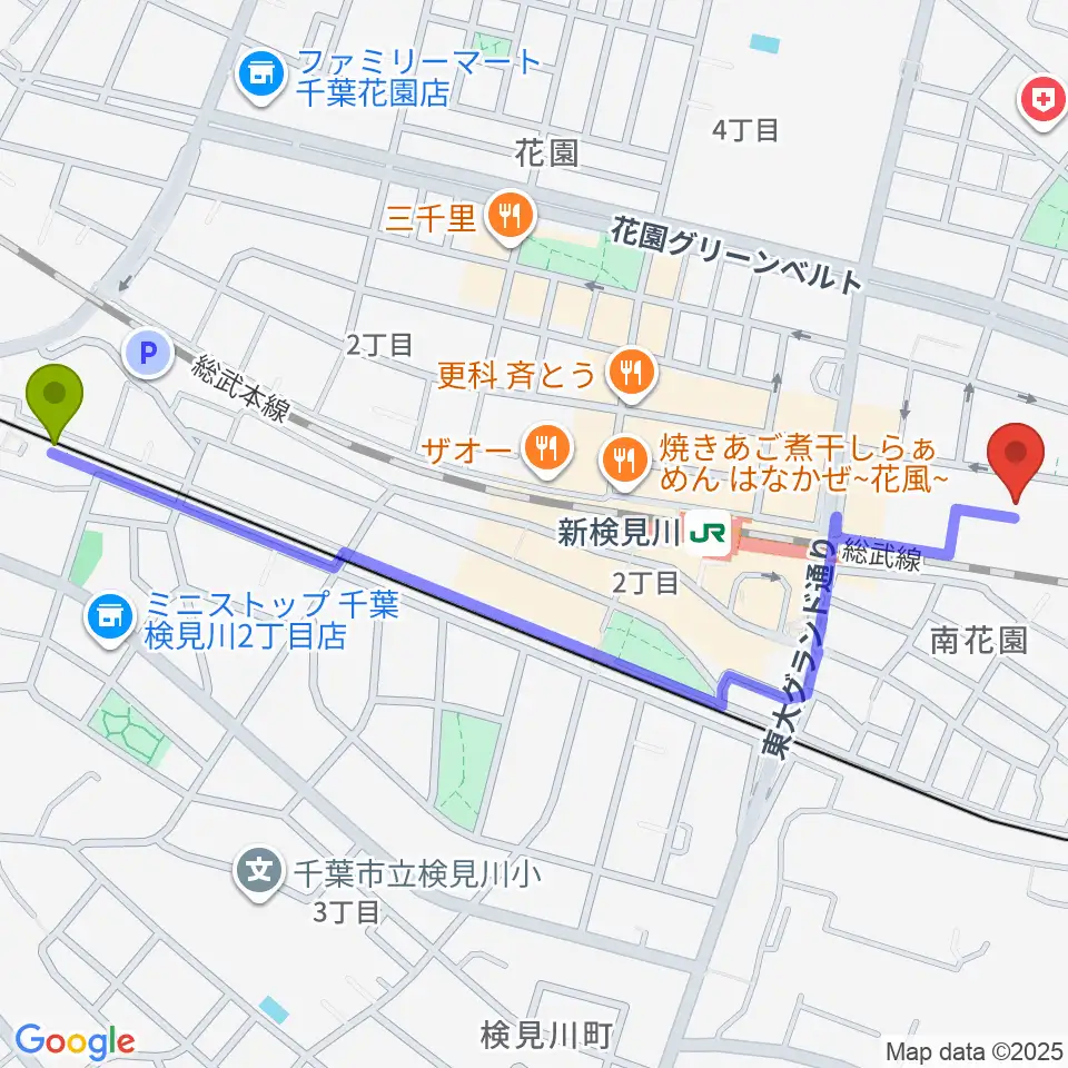 検見川駅からベル･ミュージック･ラボへのルートマップ地図