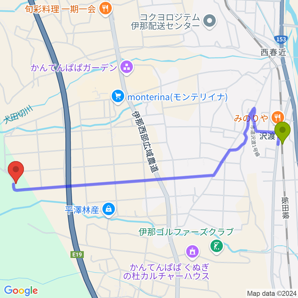 まつり工房の最寄駅沢渡駅からの徒歩ルート（約28分）地図