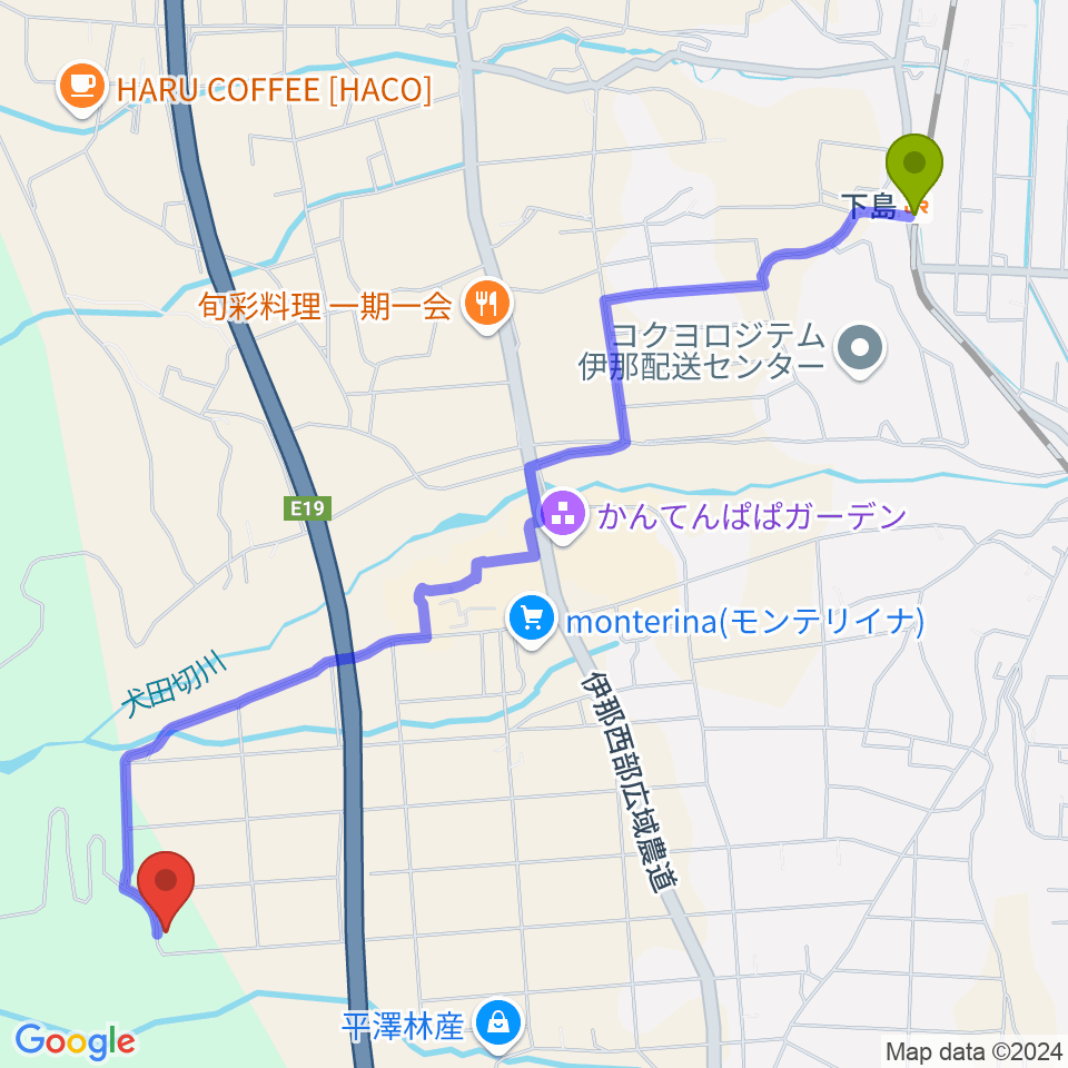 下島駅からまつり工房へのルートマップ地図