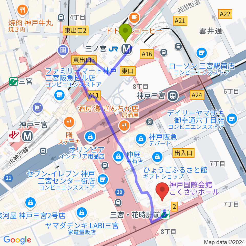 MIKIミュージックサロン三宮の最寄駅三ノ宮駅からの徒歩ルート（約5分）地図