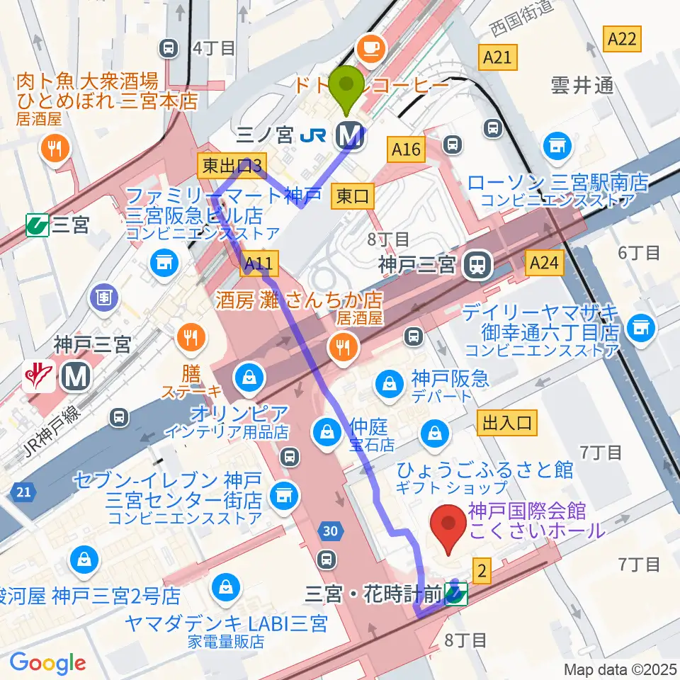 MIKIミュージックサロン三宮の最寄駅三ノ宮駅からの徒歩ルート（約5分）地図