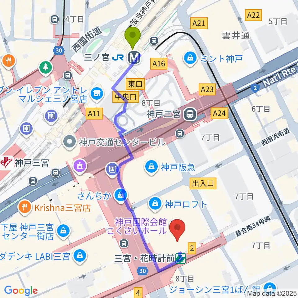 MIKIミュージックサロン三宮の最寄駅三ノ宮駅からの徒歩ルート（約5分）地図
