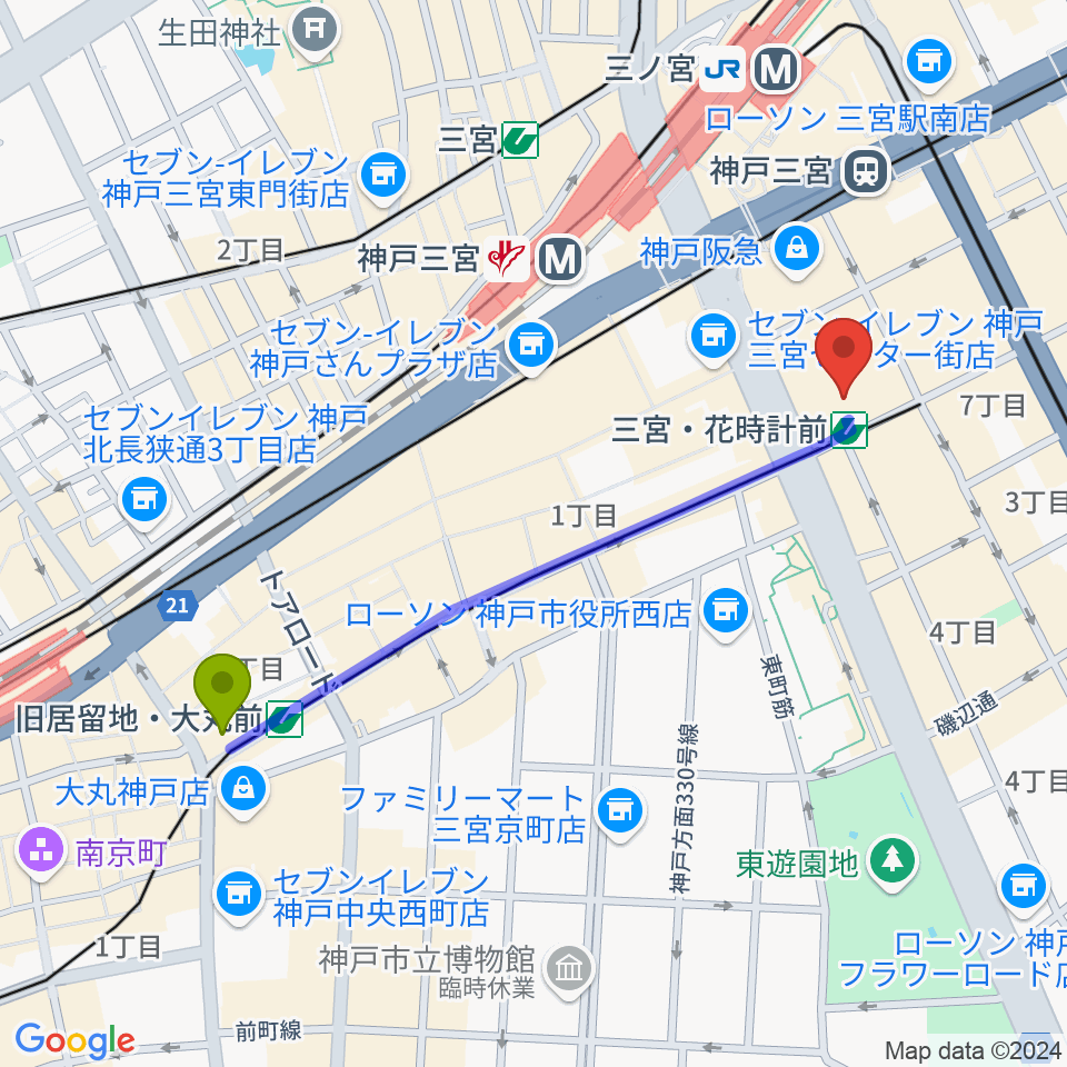 旧居留地・大丸前駅からMIKIミュージックサロン三宮へのルートマップ地図