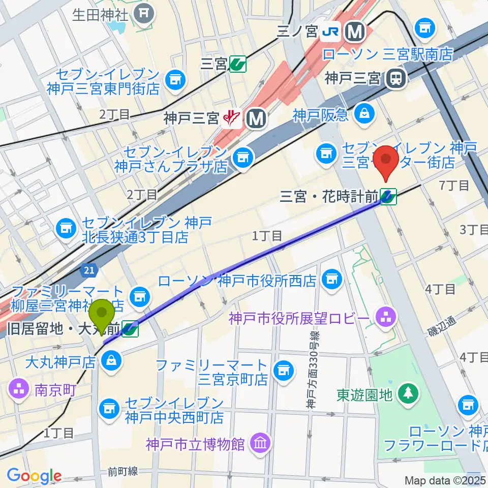 旧居留地・大丸前駅からMIKIミュージックサロン三宮へのルートマップ地図