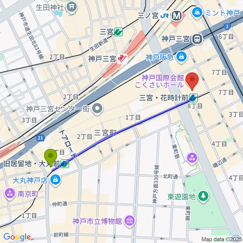 旧居留地・大丸前駅からMIKIミュージックサロン三宮へのルートマップ地図