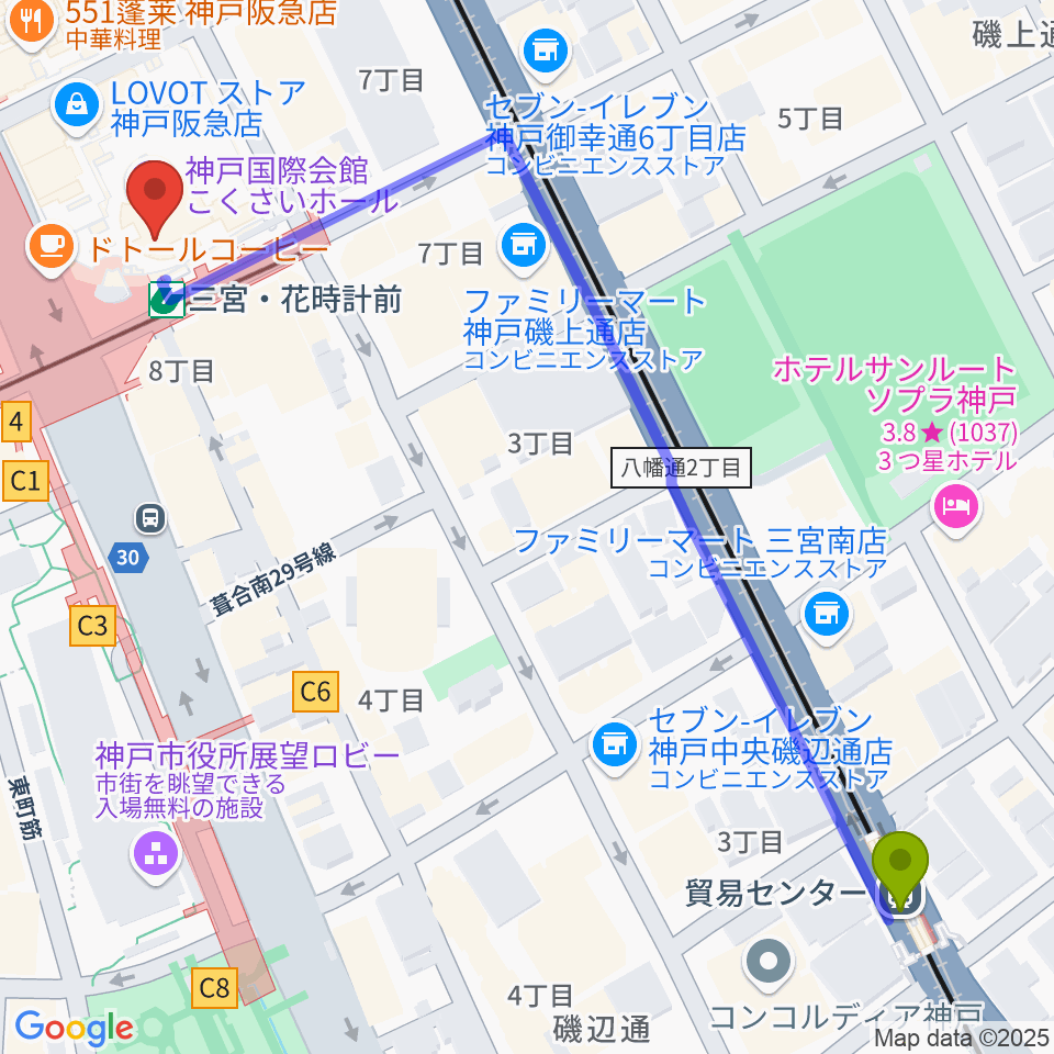 貿易センター駅からMIKIミュージックサロン三宮へのルートマップ地図