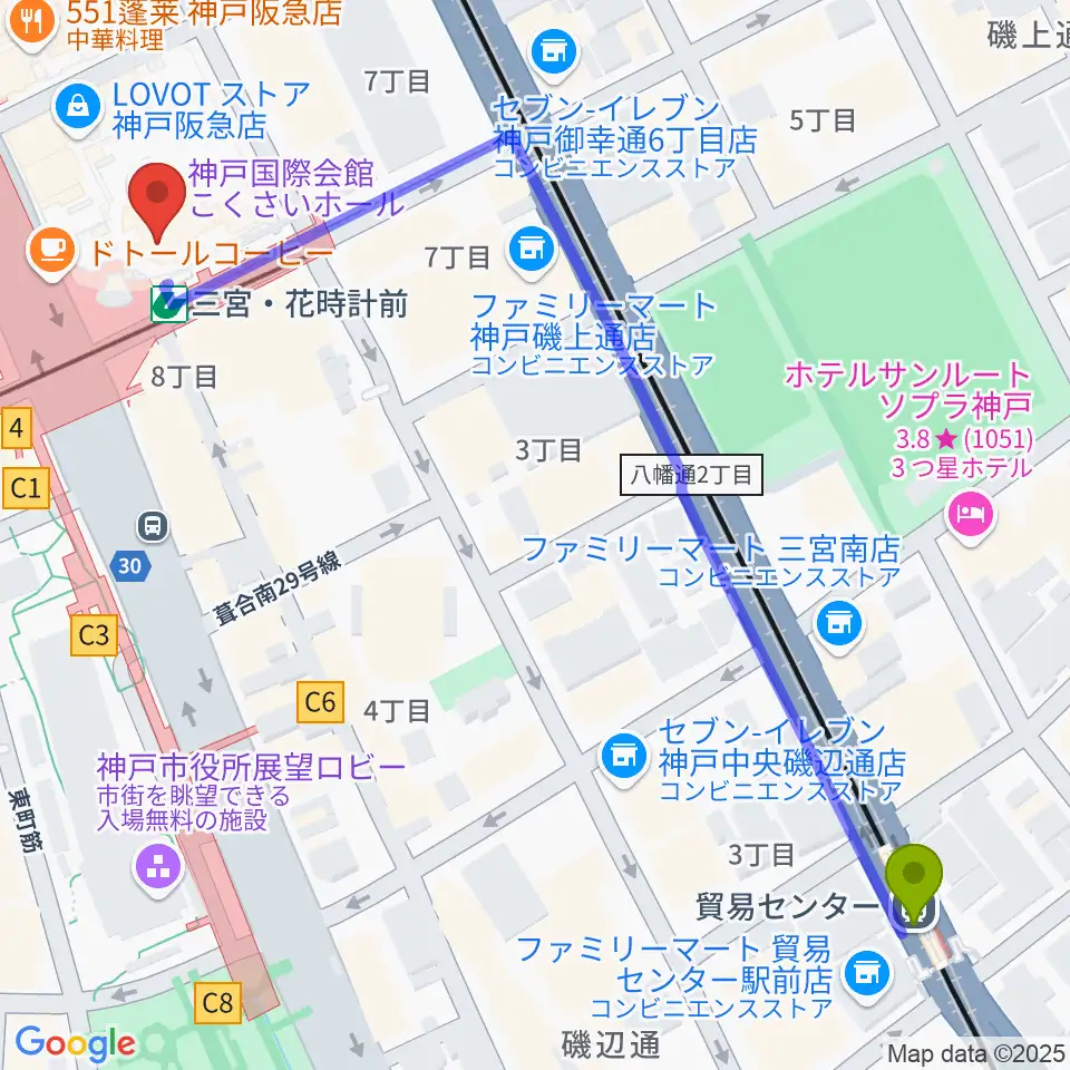 貿易センター駅からMIKIミュージックサロン三宮へのルートマップ地図