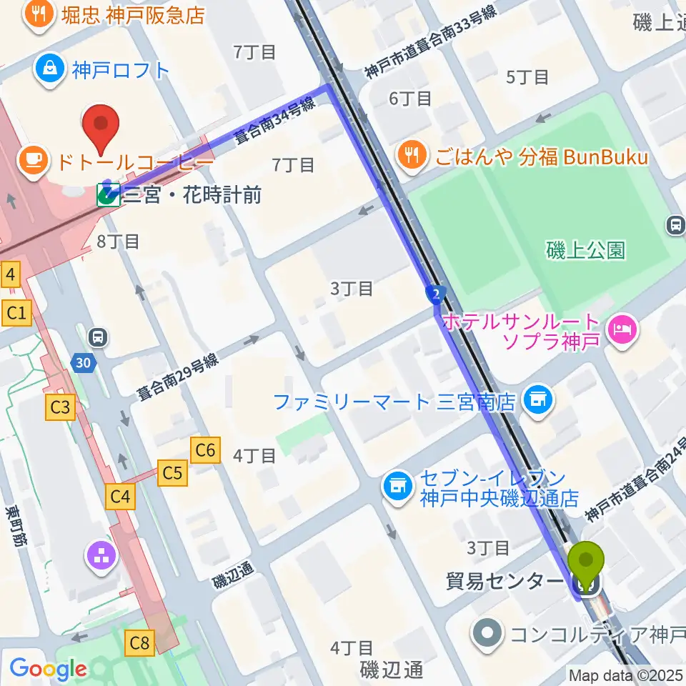 貿易センター駅からMIKIミュージックサロン三宮へのルートマップ地図