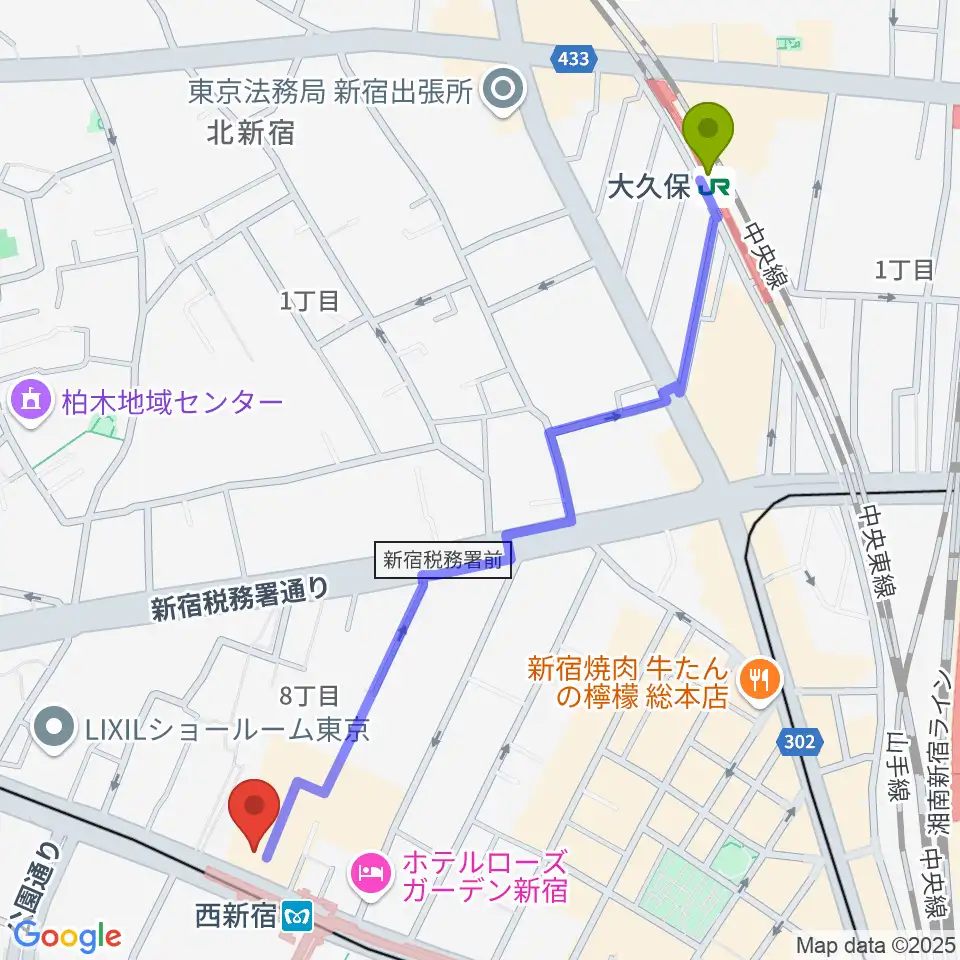 大久保駅からムラマツ・フルート・レッスンセンター新宿へのルートマップ地図