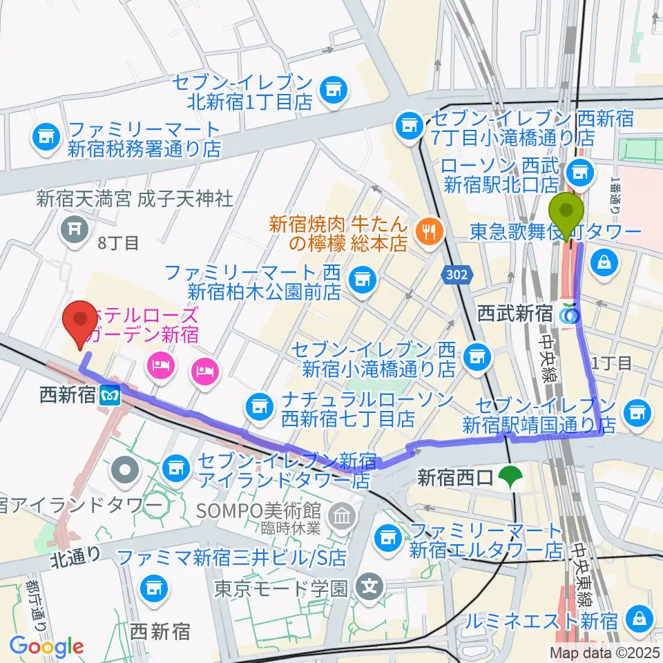 西武新宿駅からムラマツ・フルート・レッスンセンター新宿へのルートマップ地図