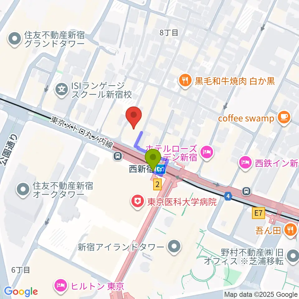 ムラマツ・フルート・レッスンセンター新宿の最寄駅西新宿駅からの徒歩ルート（約1分）地図