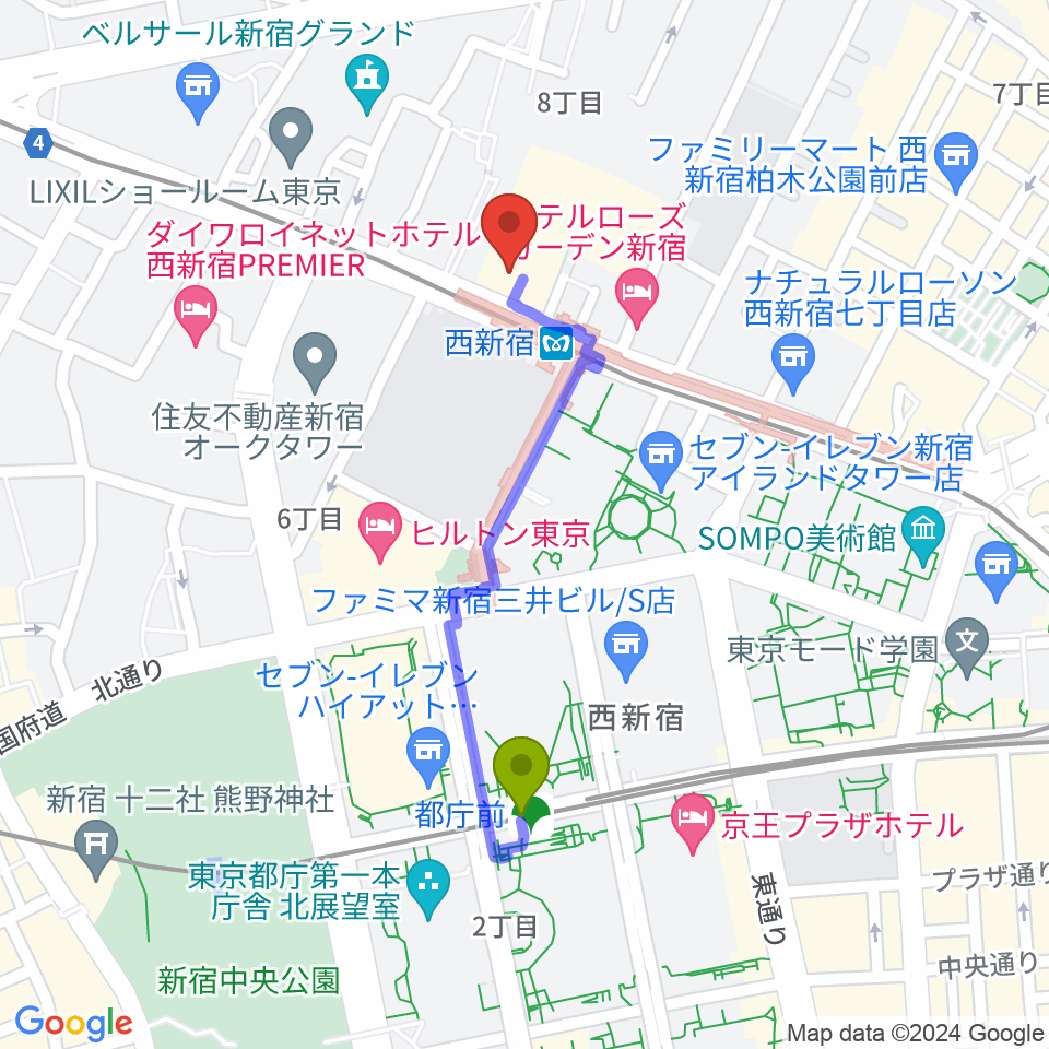 都庁前駅からムラマツ・フルート・レッスンセンター新宿へのルートマップ地図