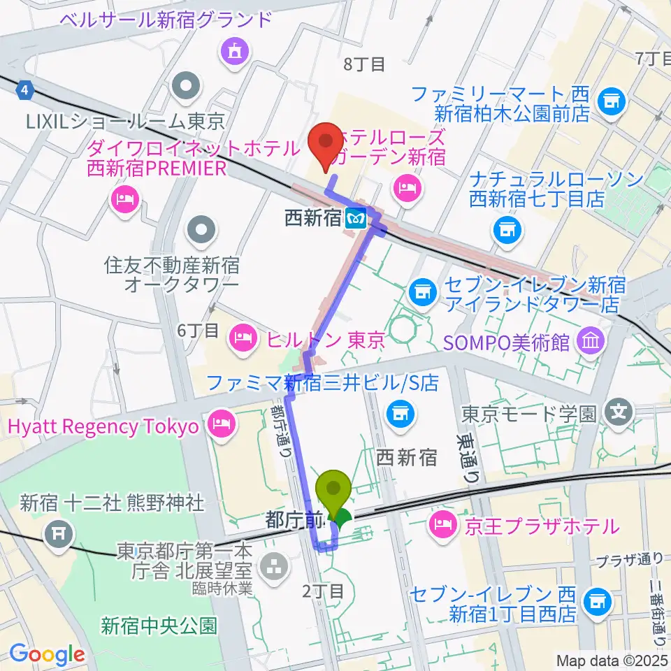 都庁前駅からムラマツ・フルート・レッスンセンター新宿へのルートマップ地図